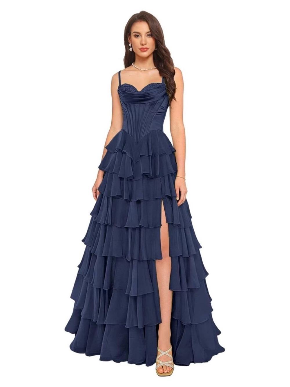Tiered Ruffles Formal Dress with Split A Line Sleeveless Spaghetti Straps Long